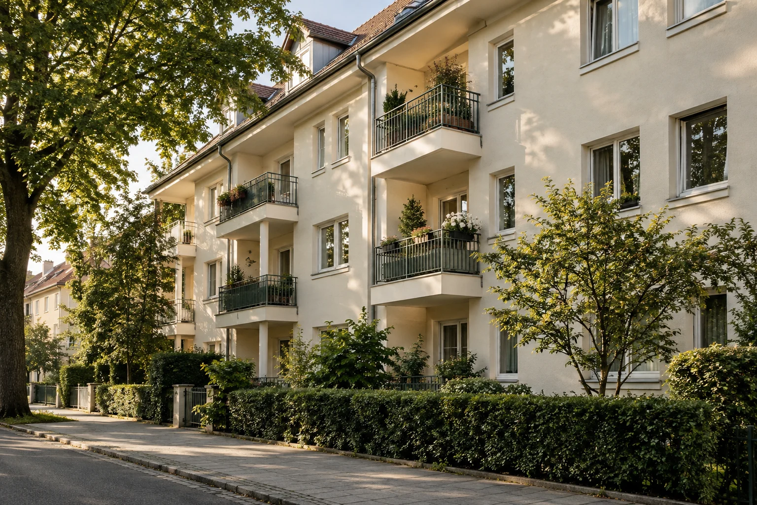Mehrfamilienhaus mit Balkonen und begrüntem Vorgarten in ruhiger Wohnstraße